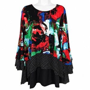 Caleaaa Tunic Top Women 3X Black Multi Abstract Polka Dot Tiered Mesh Lagenlook